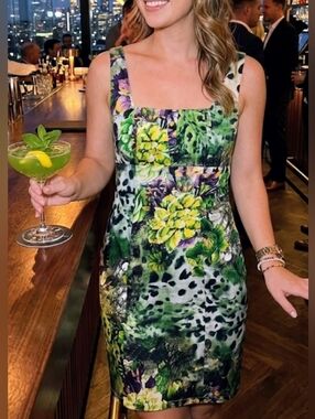 Floral Green & Purple Sleeveless Sheath Dress (Size S/M)